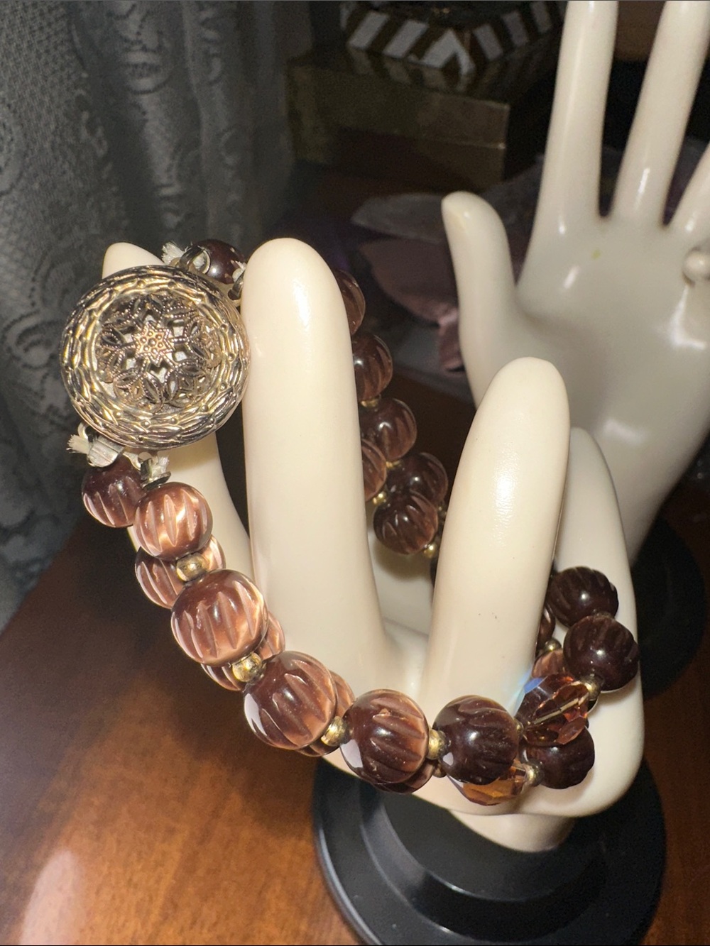Vintage Amber Glass Bead Double Strand Bracelet with Filigree Button Clasp